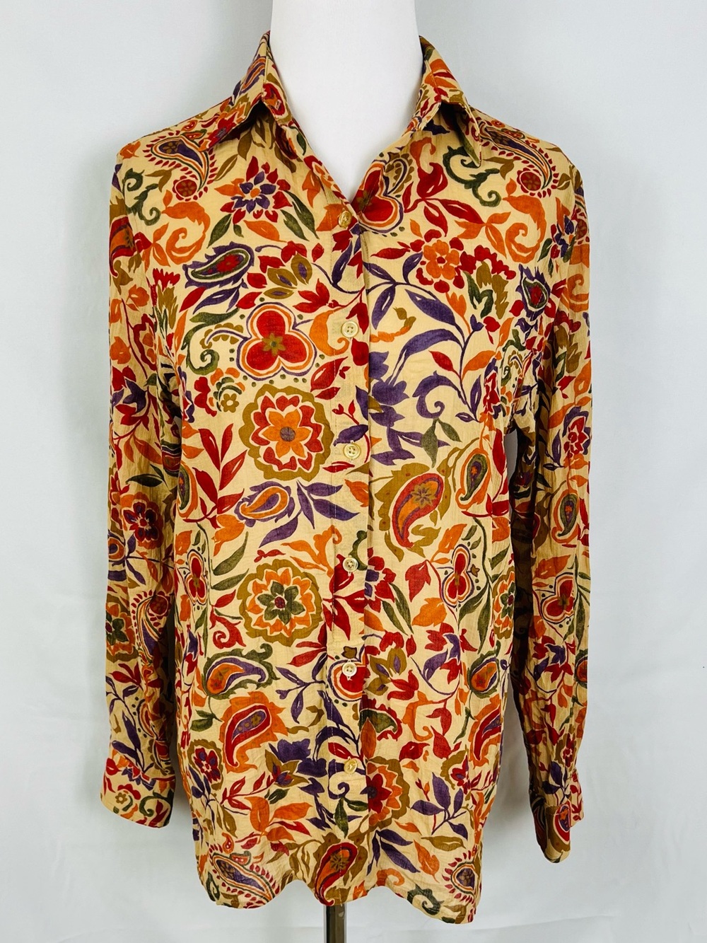 Ralph Lauren Beige Floral Paisley Button-Down Shirt with Red & Purple Accents